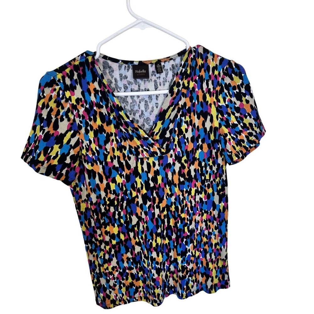 Rafaella Studio Womens Blouse Multicolor Abstract Short Sleeve V Neck Top Small